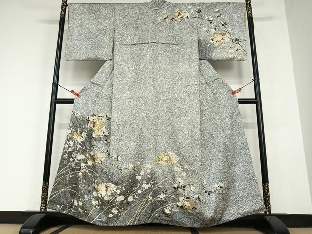 平和屋着物●訪問着　地紙枝花文　たたき染め　黒地　金彩　正絹　逸品　AABC0153zg