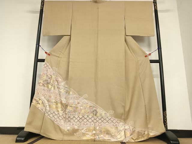 平和屋着物●豪華色留袖　蘇州刺繍　渡り橋御所車花文　金彩　正絹　逸品　AABC0164zg