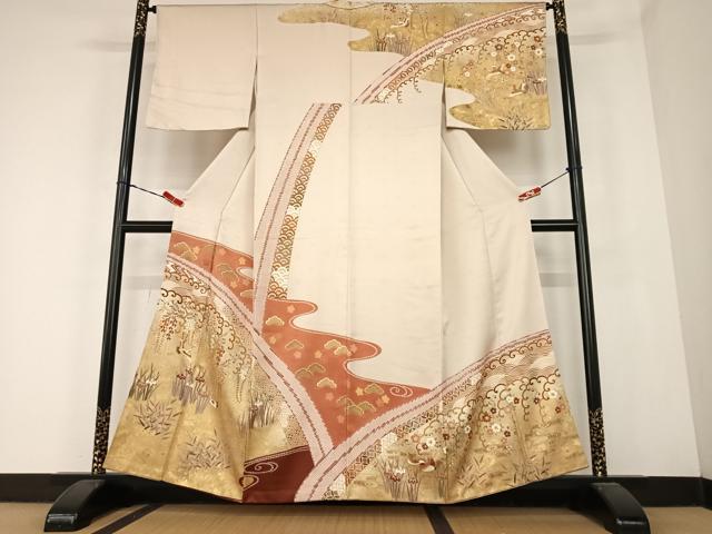 平和屋着物●訪問着　駒刺繍　飛鶴花文　藤花房　金彩　正絹　逸品　AABC0201zg