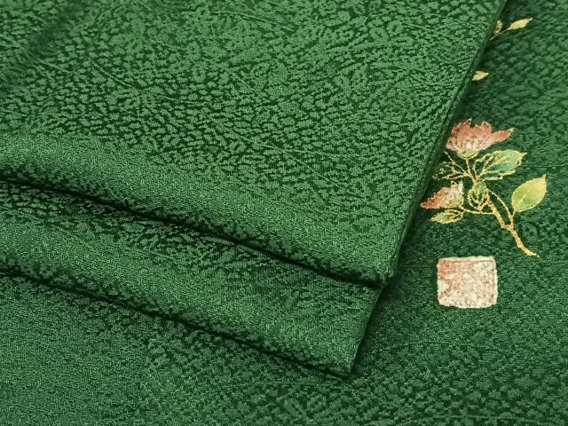 平和屋着物●上質な色無地　作家物　草花地紋　深緑色　正絹　逸品　AABC0206zg