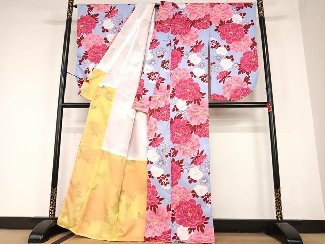 平和屋着物○小振袖 二尺袖 草花文 洗える着物 未使用 AABC0208zg