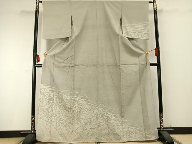 平和屋着物▽本塩沢　訪問着　単衣　草葉文　正絹　逸品　AABC0332fy