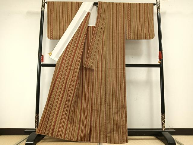 平和屋着物▽上質な紬　単衣　縞　正絹　逸品　AABC0359fy 平和屋着物▽上質な紬 単衣 縞 正絹 逸品 AABC0359fy 【公式通販】