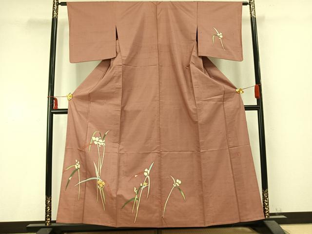 平和屋着物▽本加賀友禅作家　成竹登茂男　訪問着　単衣　紬地　草花文　三越扱い　正絹　逸品　AABC0369fy_1
