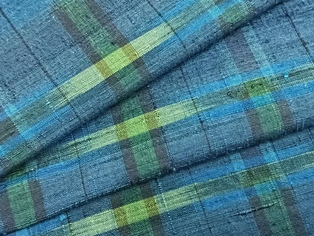 平和屋着物▽上質な紬 　単衣　変わり格子 　正絹　逸品　未使用　AABC0448fy