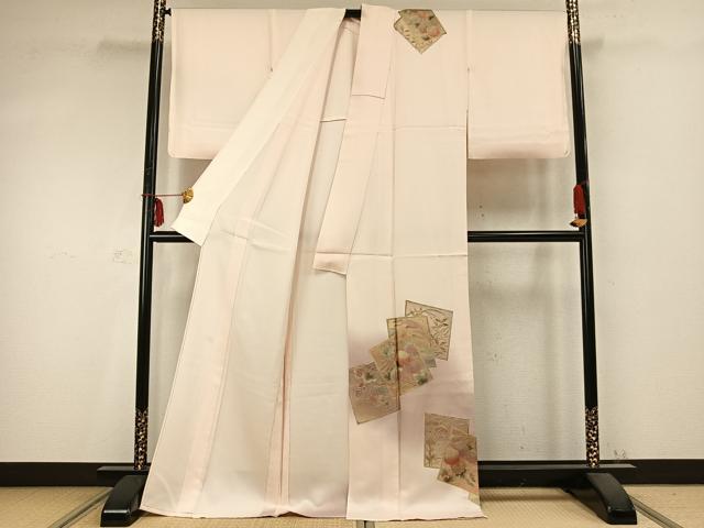 平和屋着物▽訪問着　単衣　作家物　色紙重ね花鳥文　暈し染め　金彩　ロング丈　正絹　逸品　AABC0453fy_1