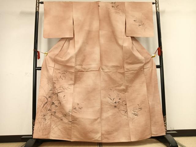 平和屋着物▽訪問着　単衣　紬地　手描き　草花文　正絹　逸品　AABC0465fy