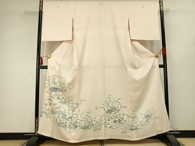 平和屋着物▽訪問着　単衣　刺繍　風景草花文　銀糸　正絹　逸品　AABC0556fy