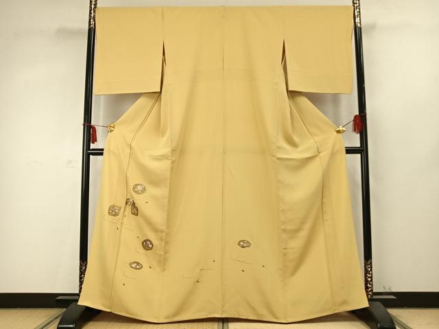 平和屋着物▽訪問着　単衣　刺繍　草花丸文　金糸　金彩　正絹　逸品　AABC0589fy