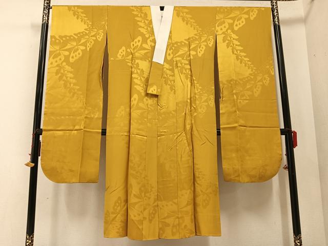 平和屋着物●振袖用長襦袢　袷　舞蝶地紋　色無地　山吹茶色　正絹　逸品　AABC0637ph