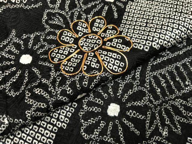 平和屋着物○訪問着 駒刺繍 絞り 風景草花文 黒地 正絹 逸品 AABC0678ph