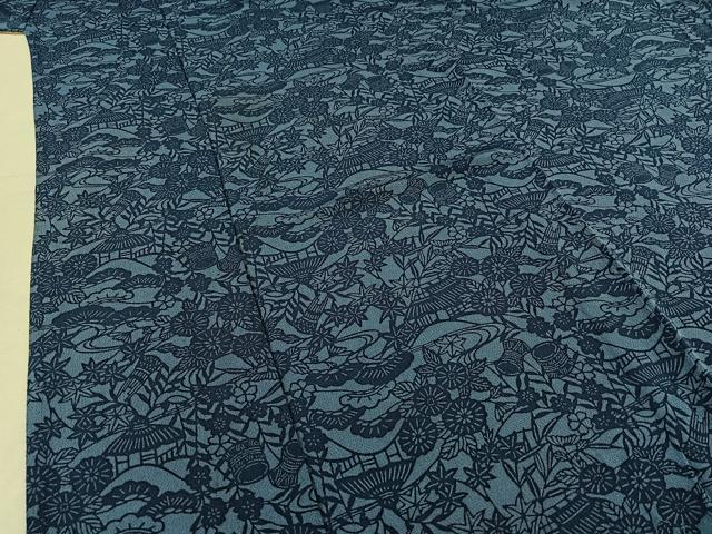平和屋着物▽上質な小紋 単衣 藍 型染め 風景花文 鬼しぼ縮緬 正絹