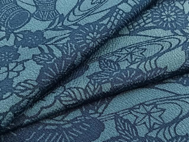 平和屋着物▽上質な小紋　単衣　藍　型染め　風景花文　鬼しぼ縮緬　正絹　逸品　AABC0694jh