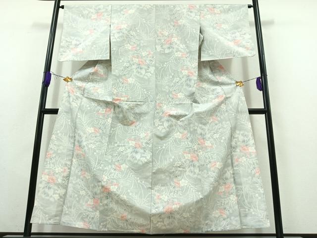 平和屋着物▽上質な紬 単衣 草花文 正絹 逸品 AABC0701jh