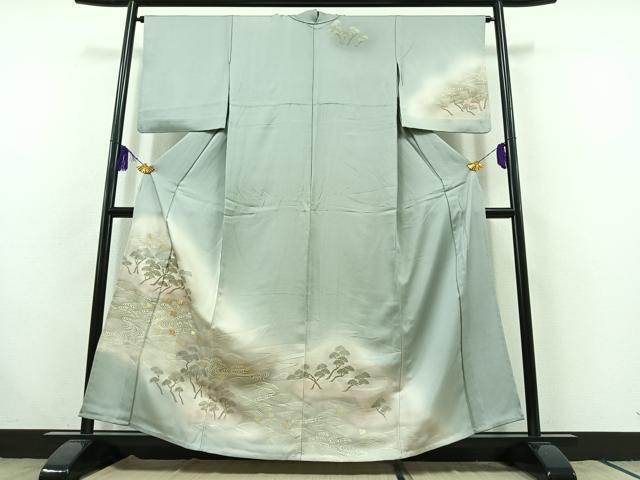 平和屋着物▽訪問着　単衣　刺繍　立波千鳥文　暈し染め　金糸　金銀彩　正絹　逸品　AABC0709jh