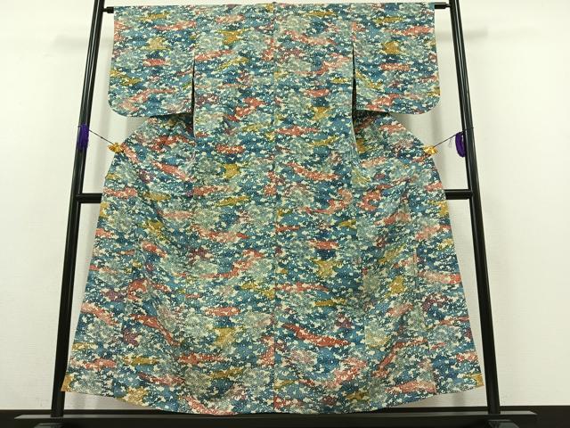 平和屋着物▽上質な紬 単衣 型染め 草花文 正絹 逸品 AABC0717jh