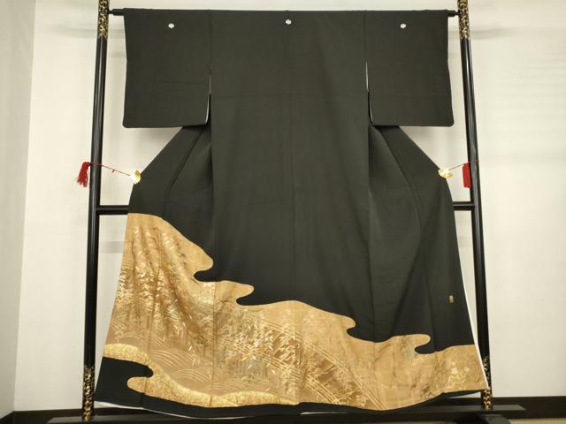 平和屋着物●彩友禅作家　金彩の魔術師　堀省平　金煌織　黒留袖　枝葉文　金彩　正絹　逸品　AABC0937ma