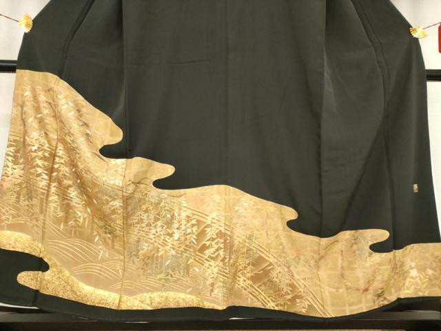 平和屋着物●彩友禅作家　金彩の魔術師　堀省平　金煌織　黒留袖　枝葉文　金彩　正絹　逸品　AABC0937ma