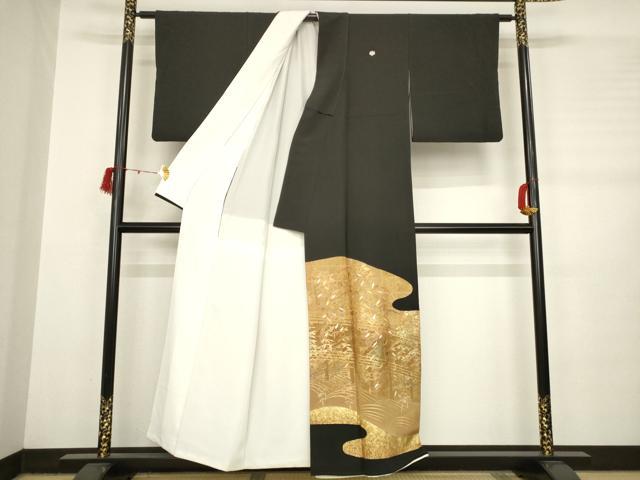 平和屋着物●彩友禅作家　金彩の魔術師　堀省平　金煌織　黒留袖　枝葉文　金彩　正絹　逸品　AABC0937ma