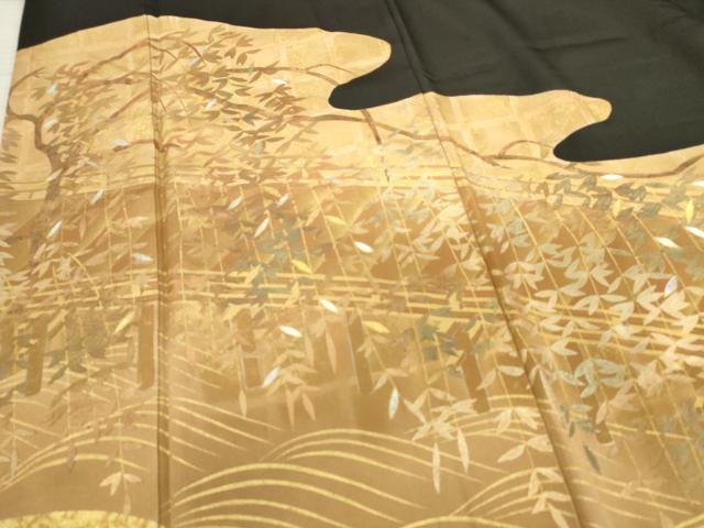 平和屋着物●彩友禅作家　金彩の魔術師　堀省平　金煌織　黒留袖　枝葉文　金彩　正絹　逸品　AABC0937ma