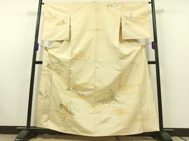 平和屋着物▽訪問着　単衣　紬地　風景文　正絹　逸品　AABC1223jh