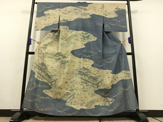 平和屋着物▽染織の名門　しょうざん　生紬　訪問着　単衣　絞り　人物風景文　正絹　逸品　AABC1681jh