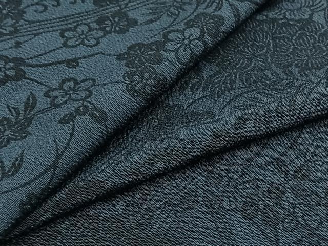 平和屋着物▽男性　小紋　単衣　藍　型染め　草花文　鬼しぼ縮緬　正絹　逸品　AABC1698jh