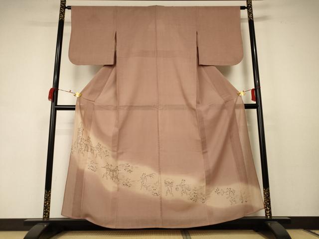 平和屋着物＊夏物　色留訪問着　紗　紬地　手描き　鳥獣戯画　正絹　逸品　AABC1833jd