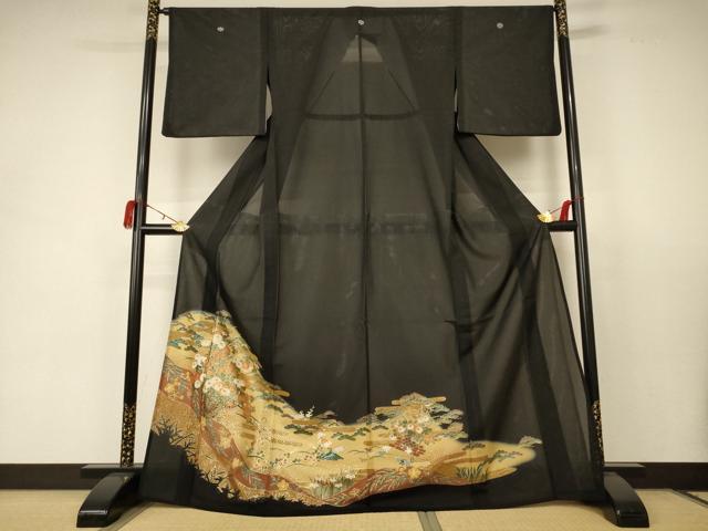 平和屋着物＊夏物　黒留袖　絽　花車文　金彩　洗える着物　AABC1844jd