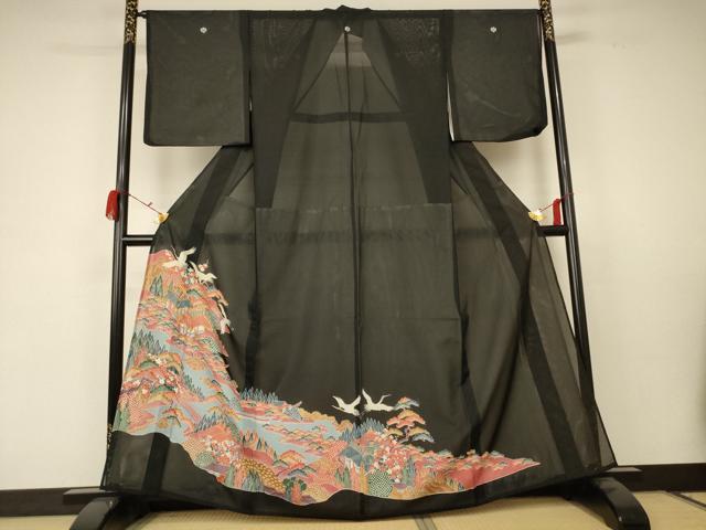 平和屋着物＊夏物　黒留袖　絽　駒刺繍　風景舞鶴文　正絹　逸品　AABC1846jd