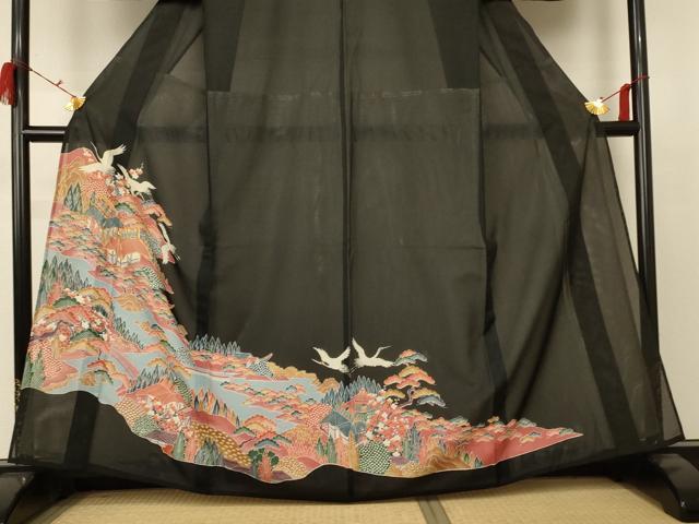 平和屋着物＊夏物　黒留袖　絽　駒刺繍　風景舞鶴文　正絹　逸品　AABC1846jd_2
