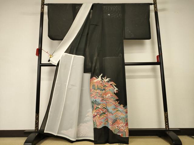 平和屋着物＊夏物　黒留袖　絽　駒刺繍　風景舞鶴文　正絹　逸品　AABC1846jd_1