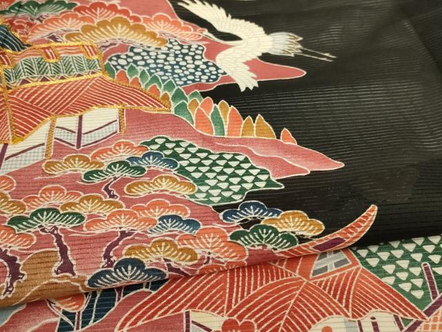 平和屋着物＊夏物　黒留袖　絽　駒刺繍　風景舞鶴文　正絹　逸品　AABC1846jd_4