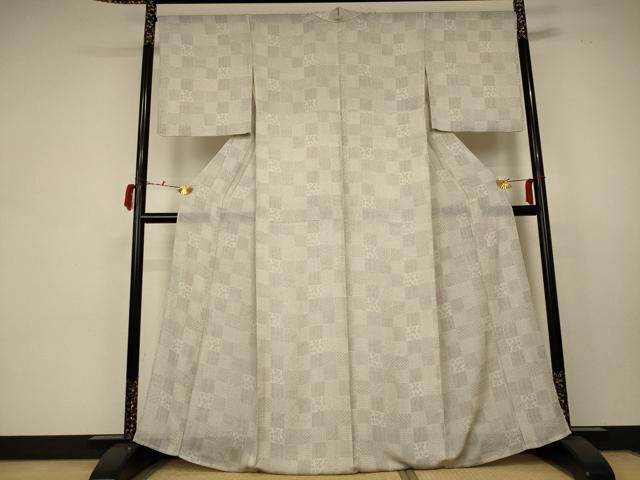 平和屋着物＊夏物 小紋 縦絽 市松文様 正絹 逸品 AABC1877jd