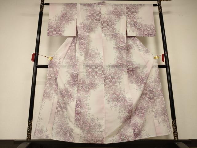 平和屋着物＊夏物　小紋　絽　草花文　洗える着物　AABC1907jd_1