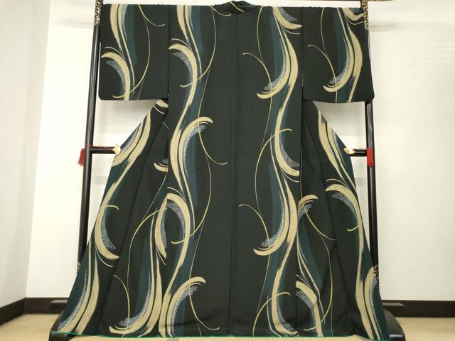 平和屋着物●小紋　幾何学文様　黒地　胴抜き仕立て　ロング丈　洗える着物　AABC1938ck