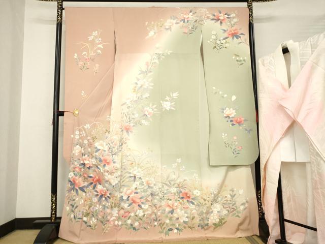 平和屋着物●豪華振袖・長襦袢(袷)セット　友禅　作家物　枝花文　暈し染め　正絹　逸品　AABC1947ck