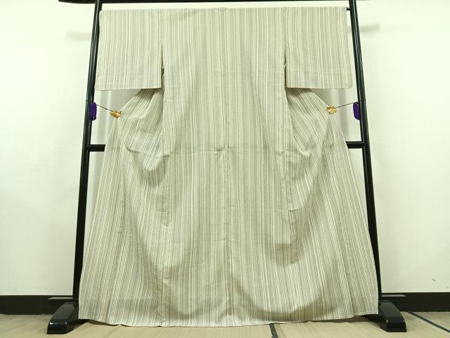 平和屋着物▽本塩沢　単衣　縞　正絹　逸品　AABC2221jh_1