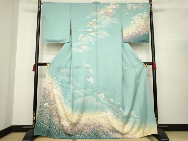 平和屋着物●訪問着　枝花文　暈し染め　金彩　銀通し地　正絹　逸品　未使用　AABC3206ck