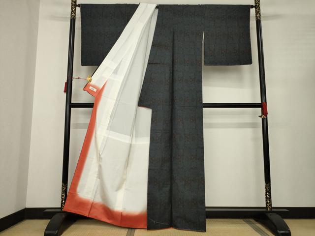 平和屋着物●本場大島紬 純泥染 手織り 一元7マルキ 短冊花唐草文 森山成雄作 黒地 やまと誂製 証紙付き 正絹 逸品 未使用 AABC3257ck