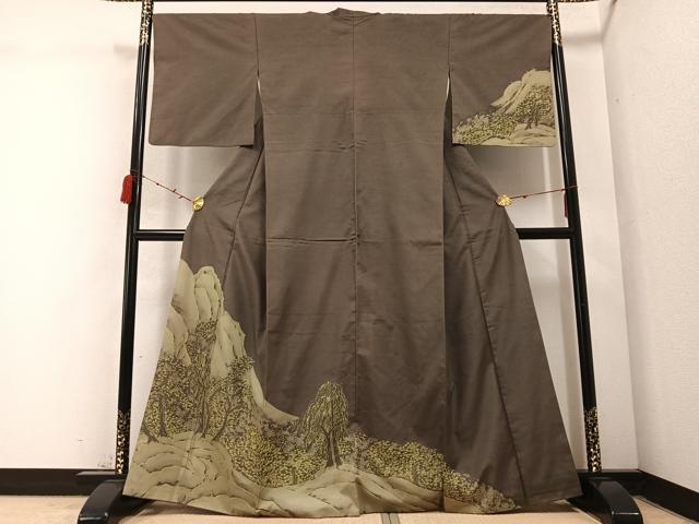 平和屋着物●訪問着　紬地　手描き　樹林文　正絹　逸品　AABC3391ph