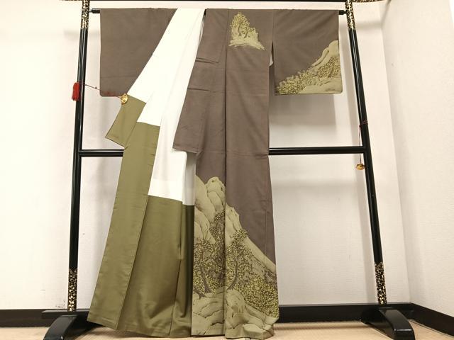 平和屋着物○訪問着 紬地 手描き 樹林文 正絹 逸品 AABC3391ph