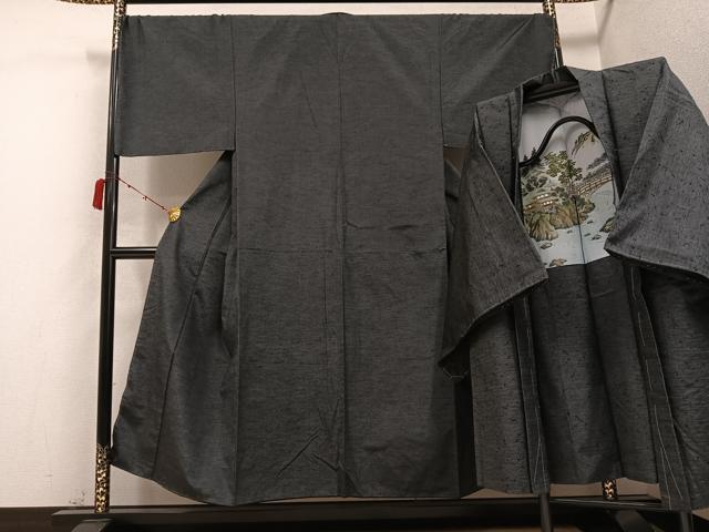 平和屋着物●男性　紬　アンサンブル　色無地　消炭色　正絹　逸品　未使用　AABC3702ph