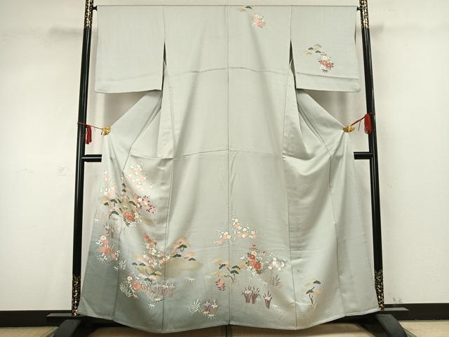 平和屋着物▽訪問着　単衣　雲取り草花文　金銀彩　正絹　逸品　AABC3732fy