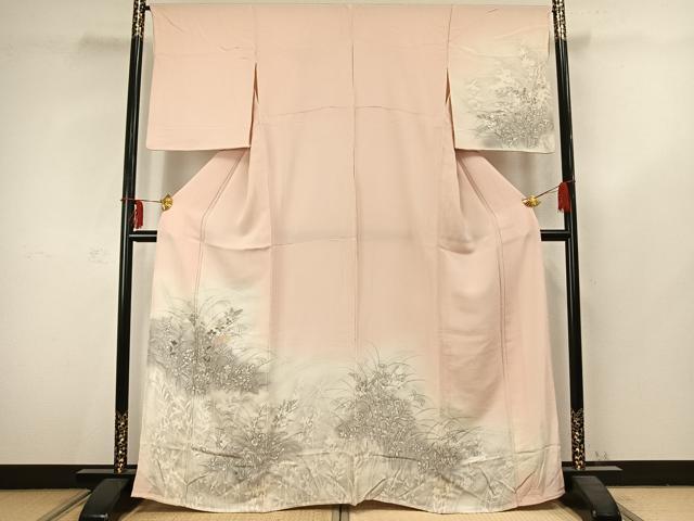 平和屋着物▽訪問着　単衣　手描き　刺繍　草花文　暈し染め　鬼しぼ縮緬　正絹　逸品　AABC3812fy