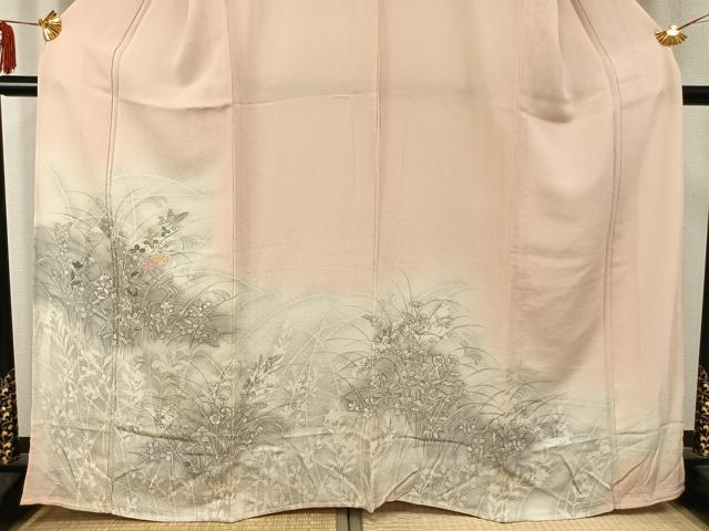平和屋着物▽訪問着　単衣　手描き　刺繍　草花文　暈し染め　鬼しぼ縮緬　正絹　逸品　AABC3812fy_2