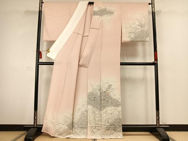 平和屋着物▽訪問着　単衣　手描き　刺繍　草花文　暈し染め　鬼しぼ縮緬　正絹　逸品　AABC3812fy_1
