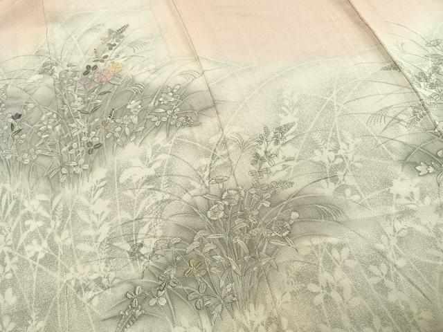 平和屋着物▽訪問着　単衣　手描き　刺繍　草花文　暈し染め　鬼しぼ縮緬　正絹　逸品　AABC3812fy_3
