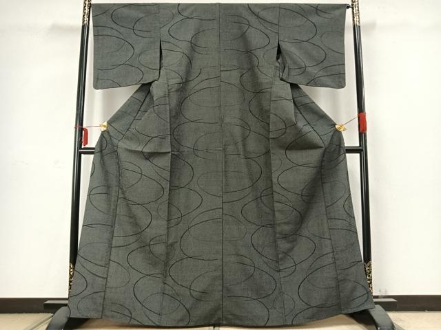 平和屋着物▽本塩沢　単衣　110亀甲　抽象文様　黒地　正絹　逸品　AABC3834fy_1