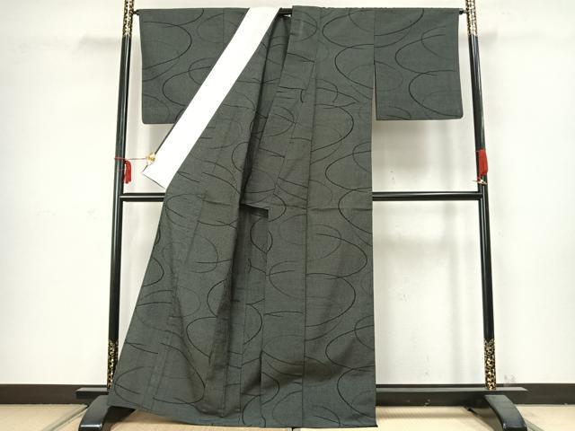 平和屋着物▽本塩沢　単衣　110亀甲　抽象文様　黒地　正絹　逸品　AABC3834fy_2